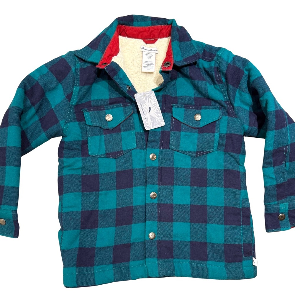 Tommy Bahama Flannel Shirt Jacket Boys Size 7/8 Sherpa Lined Shacket Plaid NWT